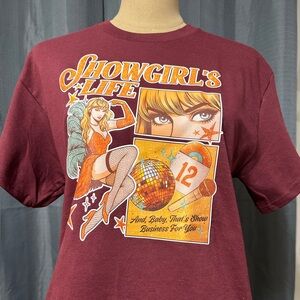 Taylor Swift Showgirl's Life Graphic Tee - Burgundy with Orange & Gold Print